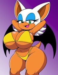 ai_generated anthro bat bat_wings big_breasts big_thighs blue_eyeshadow curvy eyelashes gradient_background hands_behind_head huge_breasts looking_at_viewer navel open_mouth rouge_the_bat shortstack simple_background smile sonic_(series) sonic_the_hedgehog_(series) tail tan_body teal_eyes virtuai white_hair wide_hips yellow_bikini yellow_swimsuit