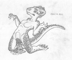 2011 anthro argonian barefoot breasts clenched_teeth dildo dildo_sitting equine_dildo featureless_breasts female front_view greyscale horn impossible_fit kneeling leaning leaning_back mizzyam monochrome navel nude pain pencil_(artwork) penetration pussy_juice scalie sex_toy solo teeth the_elder_scrolls traditional_media_(artwork) vaginal_penetration vaginal_penetration video_games