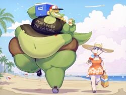 2girls alligator alligator_girl bailley_(ridiculouscake) beach beach_background beach_ball beach_umbrella belly belly_button belly_overhang fat_ass female_only florida_woman friends_with_benefits gerry_(ridiculouscake) goat goat_girl hot_weather huge_thighs imminent_vore obese obese_female ridiculouscake size_difference smirk smirking smirking_at_another uncomfortable