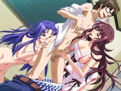 black_rainbow blue_eyes blue_hair breasts brown_hair censored game_cg gitai_saimin kasuga_reina large_breasts long_hair purple_eyes yasaka_hitomi