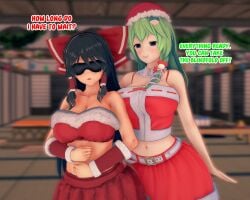 2girls black_hair breasts clothed english_text green_hair hat multiple_girls reimu_hakurei sanae_kochiya santa_costume santa_hat touhou touhou_weird_storage