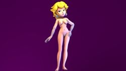 1girls 3d 3d_(artwork) blonde_female blonde_hair blue_eyes female female_only joeshownsfw mario_(series) medium_breasts naked nintendo nude nude_female princess_peach purple_background shaved_pussy solo white_armwear