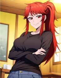 1girls ai_generated aizawa_akemi breasts female_focus female_only fully_clothed jeans long_hair looking_at_viewer ponytail red_hair smile stable_diffusion tomboy tomo-chan_wa_onna_no_ko