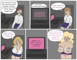 big_breasts bimbo bimbo_lips bimbofication boobs_bigger_than_head breast_expansion breasts comic comic_page dialogue dumbification english english_text gender_transformation hypnosis hypshikl mind_break mind_control mtf_transformation nipples partially_clothed pink_eyes screen tech_control text text_bubble tight_clothing workplace