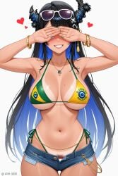 ai_generated armpits arms_up beauty_mark belly big_breasts bikini bikini_bottom bikini_top blush brazilian_miku_(cosplay) breasts cleavage cosplay covering_eyes covering_own_eyes covering_self dark_schneider heart hearts_around_head highleg_bikini hololive hololive_english jean_shorts jewelry long_hair micro_shorts mole mole_on_breast mole_under_eye navel nerissa_ravencroft pubic_hair pubic_hair_peek shorts simple_background smile smiling standing tan tan-skinned_female tan_body tan_skin tanline tanlines tanned tanned_skin virtual_youtuber white_background