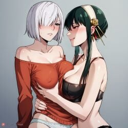 2girls ai_generated bare_shoulders black_hair black_panties blush breast_press breasts cleavage earrings female female_only fiona_frost grey_background hair_ornament hair_over_one_eye hairband henrychrist human large_breasts long_hair multiple_girls nightfall_(spy_x_family) panties red_eyes sexfight shirt short_hair silver_hair spy_x_family tongue underwear white_panties yor_briar yuri