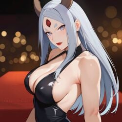 ai_generated black_dress boruto:_naruto_next_generations dress green_hair horns large_breasts lipstick naruto naruto_(series) naruto_shippuden night otsutsuki_kaguya side_view sideboob silver_eyes silver_hair smile tagme temptart