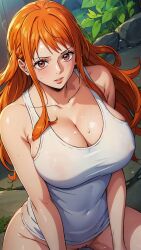 ai_generated bottomless cleavage female female_only large_breasts nami nami_(one_piece) naughtyangelx one_piece post-timeskip pussy red_hair tagme tank_top