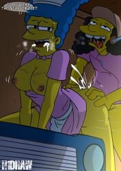 1boy 1girls ass_grab black_hair blue_hair breasts car clothing cum cum_inside dialogue doggy_style female h1draw headphones human male male/female marge_simpson nipples open_mouth otto_mann saliva sex straight straight_sex sweat the_simpsons tongue tongue_out waitress writing_on_body writing_on_breasts yellow_body yellow_skin