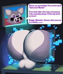 anthro ass big_butt computer computer_mouse dialogue electronics english_text feral fur glitch gloves_(marking) hi_res indigo_park looking_at_viewer male male_only mammal markings mrmidknight200 nude presenting presenting_hindquarters procyonid purple_body purple_eyes purple_fur raccoon rambley_(indigo_park) red_scarf scarf screen smile snaggle_tooth solo speech_bubble striped_markings striped_tail stripes tail tail_markings talking_to_viewer teasing text through_wall