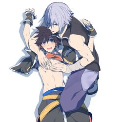 2boys blush covering_nipples gay kingdom_hearts looking_at_viewer male_only multiple_boys muscle protective riku sora tagme undressing yaoi