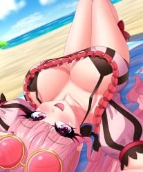 1girls alternate_costume beach bikini breasts female female_only fire_emblem fire_emblem:_three_houses fire_emblem_heroes hilda_valentine_goneril hilda_valentine_goneril_(summer) large_breasts lukari nintendo ocean official_alternate_costume outdoors pink_bikini pink_hair pink_swimsuit solo swimsuit