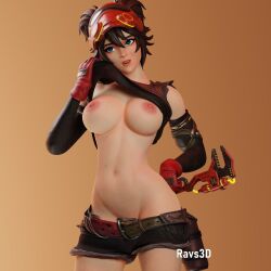 3d blender blue_eyes breasts female_torso fortnite fortnite:_battle_royale orange_background plain_background ravs3d short_hair shorts sweat sweaty_body the_machinist_(fortnite)