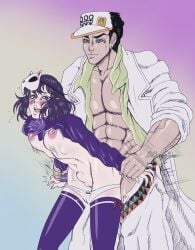 bilberrybear canon_x_oc diamond_is_unbreakable dilf doggy_style hat holding_arms holding_arms_back jojo's_bizarre_adventure jotaro_kujo male/female muscles muscular muscular_male original_character panties_down pulling_arms school_uniform schoolgirl schoolgirl_uniform short_hair size_difference skinny_female small_breasts smirk smirking_at_partner standing_doggy_style standing_sex stockings stomach_bulge straight