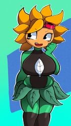 1girls black_shirt blue_background electronic_arts green_skin kagekao plants_vs_zombies plants_vs_zombies:_heroes popcap_games solar_flare_(pvz) sunflower_(pvz)