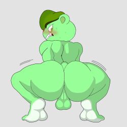 anthro ass balls basic_background bear beret big_ass blush bubble_ass caked_up clapping_ass clapping_cheeks dat_ass edit fangs feet fliqpy fliqpy_(htf) furry green_fur grit_teeth happy_tree_friends hat headwear looking_at_viewer looking_back male_only mammal mondo_media multicolored_fur on_tip-toes rear_view shaking shaking_ass shaking_butt soles squatting tail twerking ursid