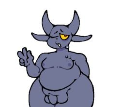 ass belly big_butt black_nails bodily_fluids colored_nails demon eye_bags fupa genitals gesture hand_gesture horn humanoid humanoid_pointy_ears low_res male moobs nails nervous nervous_sweat no_humans nude one_eye_closed overweight penis purple_body purple_skin red_eyes sleepygirlthing small_penis solo sweat sweatdrop thick_thighs v_sign wink yellow_sclera