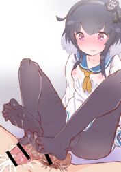 black_hair black_legwear blush censored covered_anus covered_nipples cum cum_on_body cum_on_lower_body dress ejaculation feet footjob highres kantai_collection kazuma_(kuwagatamushi) multicolored_hair no_bra no_panties pantyhose penis purple_eyes sailor_dress school_uniform see-through serafuku short_hair_with_long_locks sitting solo_focus straight toes tokitsukaze_(kantai_collection)