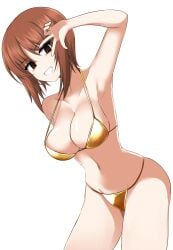 1girls 2d 2d_(artwork) alternate_costume belly_button big_breasts bikini bikini_bottom bikini_top bra breasts brown_eyes brown_hair cleavage covered_nipples female female_focus female_only girls_und_panzer gold_bikini golden_bikini golden_bikini_bottom golden_bikini_top grin high_resolution highres light-skinned_female light_skin looking_at_viewer medium_breasts navel nishizumi_miho revealing_swimsuit short_hair simple_background slim_girl smiling smiling_at_viewer solo solo_female solo_focus standing swimsuit thong thong_bikini two_piece_swimsuit v_sign white_background young younger_female