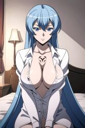 ai_generated akame_ga_kill! blue_eyes blue_hair bonnieaiart cleavage esdeath_(akame_ga_kill!) large_breasts long_hair long_hair_female shirt skimpy skimpy_clothes unbuttoned unbuttoned_shirt