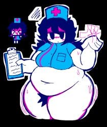 1girls black_background blue_eyes blue_hair chubby fat female ghost_suburb_ii holding holding_object huge_ass large_breasts meatoids navel nurse nurse_cap nurse_okay nurse_uniform plump simple_background solo sprite squiggle sweat thick_thighs thighs twintails