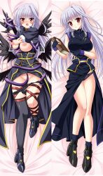 black_panties black_thighhighs black_wings blush book breasts breasts_out endori female holding holding_book large_breasts long_hair looking_at_viewer lyrical_nanoha mahou_shoujo_lyrical_nanoha mahou_shoujo_lyrical_nanoha_a's multiple_views nipples no_bra open_mouth panties panty_pull red_eyes reinforce tentacle tentacle_on_female thighhighs underwear white_hair wings