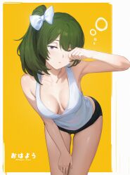 1girls :o adult armpits bare_arms bare_chest bare_shoulders bare_skin bare_thighs black_shorts breasts camisole cleavage collarbone dot_nose edgar_syu elbows female female_focus female_only fingers green_hair green_hair_female hair_ribbon hand_on_own_thigh hand_on_thigh high_resolution highres hourglass_figure leaning_forward legs light-skinned_female light_skin looking_at_viewer medium_breasts naked naked_female nude nude_female one_eye_closed open_mouth parted_bangs ponytail purple_eyes purple_eyes_female ribbon rubbing_eyes shiny_skin shorts shoulders side_ponytail simple_background slender_body slender_waist slim_girl slim_waist solo sousou_no_frieren standing thick_thighs thigh_gap thighs thin_waist ubel_(sousou_no_frieren) upper_body white_camisole white_hair_ribbon white_ribbon wide_hips yellow_background
