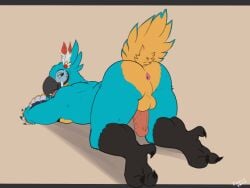 animated anthro anus ass avian backsack balls bird breath_of_the_wild feet fuzzylynx genitals kass_(tloz) male male_only nintendo one_eye_closed penis presenting_ass rito shaking solo tail the_legend_of_zelda wink
