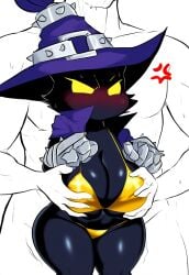 1boy1girl ai_generated angry big_breasts bikini black_body blush breast_grab breasts curvy gauntlets gold_bikini groping huge_breasts interspecies large_breasts league_of_legends nai_diffusion riot_games shortstack stable_diffusion thick_thighs trembling veigal veigar wizard_hat yellow_eyes yordle yordle_on_human