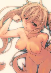 absurdres blonde_hair breasts female hair_tucking highres hikomaro610 kantai_collection long_hair looking_at_viewer murasame_(kantai_collection) nipples nude open_mouth pussy red_eyes solo tied_hair twintails