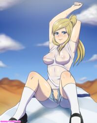 areolae arms_up artist_name blonde_hair blue_eyes breasts clouds desert dynamo-x female long_hair looking_at_viewer mary_janes metroid nintendo nipples no_bra no_panties open_fly open_shorts outdoors ponytail pussy samus_aran see-through sitting sky socks solo sweat tied_hair unzipped web_address wet