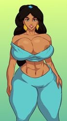 1girls 5ifty abs aladdin arabian arabian_clothes black_hair breasts brown_eyes curvaceous curvy dark-skinned_female dark_skin disney disney_princess earrings female female_only harem_outfit hourglass_figure huge_breasts hughe_thighs human jay-marvel long_hair navel nipples princess princess_jasmine smile solo tan_skin thick_lips thick_thighs wide_hips