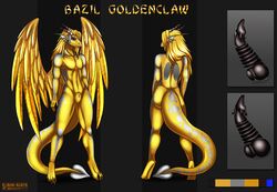 1boy 2015 animal_genitalia anthro bazil_goldenclaw blonde_hair blue_eyes dragon eliana-asato feathers front_view gold_hair gold_scales hair horn knot long_hair male male_only model_sheet muscular nude penis scales sheath silver_scales solo standing wings yellow_scales