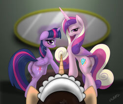 2016 alicorn animal_genitalia animal_pussy anus blush cutie_mark equine equine_pussy feathered_wings feathers female feral friendship_is_magic fur group hair hi_res horn inside looking_at_viewer mammal miniferu multicolored_hair multiple_females multiple_subs my_little_pony pink_feathers pink_fur princess_cadance_(mlp) purple_eyes purple_feathers purple_fur pussy reflection twilight_sparkle_(mlp) unknown_character wings