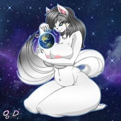 2016 absurd_res anthro anthro_only areola astronomical_hyper big_breasts black_nose blue_eyes breasts canine claws earth female fox fur grey_hair hair hi_res hindpaw huge_breasts interplanetary_macro kneeling lips long_hair looking_down macro mammal moon nipples okioppai paws smile solo space star thick_thighs white_fur