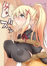 1boy 1girls blonde_hair blue_eyes blush bodysuit bondage bound braid breast_bondage breast_press breasts covered_nipples darkness_(konosuba) female french_braid gradient gradient_background hair_ornament hairclip hand_on_another's_head irrumatio kippuru kono_subarashii_sekai_ni_shukufuku_wo! large_breasts long_hair oral pink_background ponytail rope saliva solo_focus straight tears testicles tied_hair tied_up torn_bodysuit torn_clothes trembling