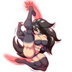 abs anastasia_(blackkusanagi) black_hair breasts clenched_teeth collar cute_fang devmgf extreme_muscles female fingerless_gloves gloves jumping kicking large_breasts long_hair muscles muscular_female original outline ponytail solo teeth thighhighs tied_hair transparent_background yellow_eyes