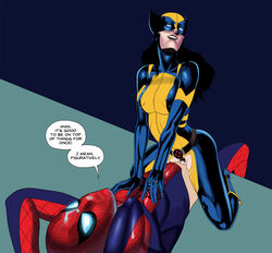 black_hair bodysuit clothes cowgirl_position english_text faceless_male female hair hors-art human laura_kinney male marvel mask peter_parker pubic_hair pussy sex smooth_skin spider-man spider-man_(series) straight superhero superheroine text torn_clothes wip wolverine_(x-23) wolverine_(x-men) x-23 x-men