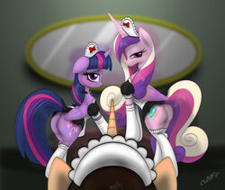 2016 alicorn animal_genitalia animal_pussy anus blush clothing costume cutie_mark equine equine_pussy feathered_wings feathers female feral friendship_is_magic fur group hair hat headgear hi_res horn inside legwear looking_at_viewer maid_uniform mammal miniferu multicolored_hair multiple_females multiple_subs my_little_pony pink_feathers pink_fur princess_cadance_(mlp) purple_eyes purple_feathers purple_fur pussy reflection socks twilight_sparkle_(mlp) uniform unknown_character wings