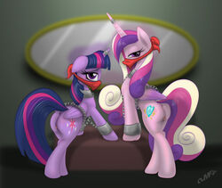 2016 alicorn animal_genitalia animal_pussy anus blush bondage bound chains cuffs cutie_mark duo equine equine_pussy feathered_wings feathers female feral friendship_is_magic fur gag hair hi_res horn indoors looking_at_viewer magic_inhibitor mammal miniferu multicolored_hair multiple_females multiple_subs my_little_pony pink_feathers pink_fur princess_cadance_(mlp) purple_eyes purple_feathers purple_fur pussy reflection twilight_sparkle_(mlp) wings