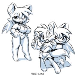 anthro bat bikini breasts canine female fox fur furry_tail hand_in_pants male monochrome multi_tail nipples reach_around rouge_the_bat shorts sonic_(series) tail tails tails_the_fox xylas