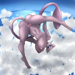 airborne anus ass big_breasts big_butt blue_eyes breasts cloud curvaceous female hanging_breasts huge_breasts legendary_pokemon looking_at_viewer lurkingtyger mew nintendo pokemon pokemon_(species) pussy sky smile smooth_skin spread_legs spreading thick_thighs upside-down video_games voluptuous wide_hips