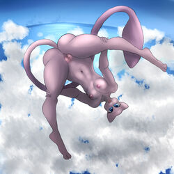 airborne anus ass big_breasts big_butt blue_eyes breasts cloud curvaceous female legendary_pokemon looking_at_viewer lurkingtyger mew nintendo pokemon pokemon_(species) pussy sky smile smooth_skin spread_legs spreading thick_thighs upside-down video_games wide_hips