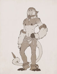 1boy anthro bandana body_fur flaccid_penis foreskin forge_(artist) full-length_portrait furry_balls furry_penis hand_on_hip haplorhine headband intact lean_muscle long_tail male male_nipples male_only mammal monkey monkey_boy monkey_feet monochrome mostly_nude_male muscles muscular_male nipple_piercing nipple_rings nipples pecs penis piercing portrait prehensile_feet prehensile_tail primate shackles solo tail thewielder uncut unretracted_foreskin weapon