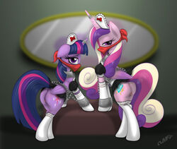2016 alicorn animal_genitalia animal_pussy anus blush bondage bound chains collar costume cuffs cutie_mark duo equine equine_pussy feathered_wings feathers female feral friendship_is_magic fur gag hair hat headgear hi_res horn indoors looking_at_viewer maid_uniform mammal miniferu multicolored_hair multiple_females multiple_subs my_little_pony pink_feathers pink_fur princess_cadance_(mlp) purple_eyes purple_feathers purple_fur pussy reflection socks twilight_sparkle_(mlp) uniform wings