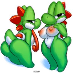ass breasts female from_behind mario_(series) nintendo nipple_piercing nipples piercing presenting pussy xylas yoshi