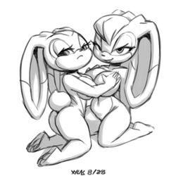 aged_up ass breasts cream_the_rabbit female monochrome mother_and_daughter navel rabbit sonic_(series) vanilla_the_rabbit xylas