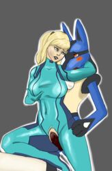 1boy 1girls anthro black_fur blonde_hair blue_eyes blue_fur blush female female_human fur hair human interspecies lucario male male_lucario mammal metroid nintendo nukenugget penis pokemon pokemon_(species) red_eyes samus_aran sex simple_background spikes standing straight zero_suit