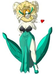 absurd_res anthro big_breasts black_eyes blowing_kiss breasts clothing dress fairy fan_character female florges flower forbiddenknights2 gala_dress grass hair hand_on_hip heart hi_res huge_breasts humanoid leaves light_hair lips long_ears looking_at_viewer mature navel nintendo one_eye_closed plant pokemon simple_background solo standing thick_thighs video_games voluptuous white_skin wide_hips wink