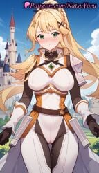 1girls ai_generated anime anime_style armor ass_visible_through_thighs bangs belt black_gloves blonde_hair blue_sky blush bodysuit braid breasts bust busty cameltoe castle closed_mouth cloud covered_nipples cowboy_shot darkness_(konosuba) day faulds female female_focus female_only floating_hair gloves green_eyes hair_ornament hentai kono_subarashii_sekai_ni_shukufuku_wo! large_breasts long_hair looking_at_viewer natsuyoru outdoors pauldrons ponytail pussy_juice pussy_juice_drip_through_clothes pussy_juice_trail shoulder_armor sky smile solo solo_female standing thigh_gap very_long_hair voluptuous voluptuous_female x_hair_ornament